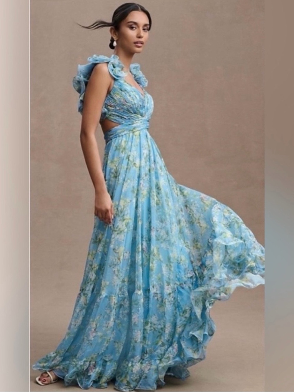 NWT Mac Duggal Blue Ruffle Tiered Floral Cut-Out Chiffon Gown reg $398 size 6 - Picture 7 of 16